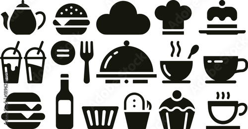 Food and drink icon collection, teapot, hamburger, chef hat, dessert, coffee cup, fork, serving dish, vector design, restaurant graphic