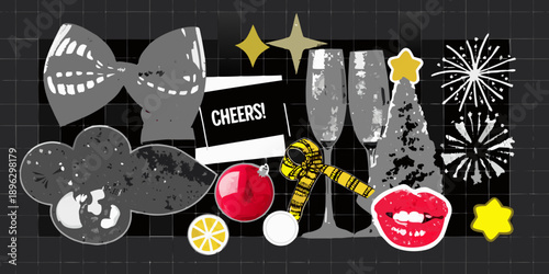 Festive new year celebration elements champagne fireworks and party accessories