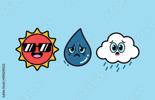 Simple weather icon collection with cute smiling sun with sunglasses sad blue water drop and surprised raining cloud characters in flat style.