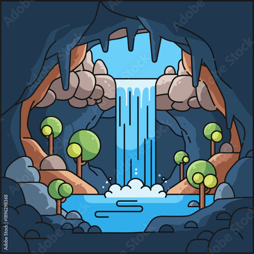 Cartoon Cave with Waterfall and Lush Greenery. Flat Design Nature Landscape Vector Illustration.