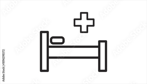 Simple line icon of a hospital bed with a medical cross symbol.