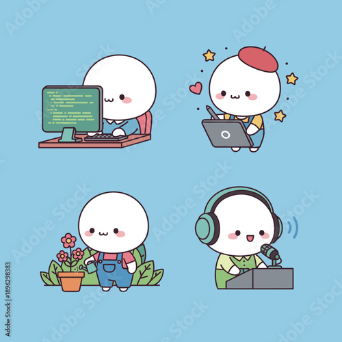 Kawaii Chibi Character Avatars Set Featuring Developer Artist Gardener and Broadcaster in Cute Minimalist Style for Career and Hobby Concept