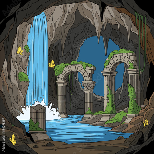 Enchanted Cave Interior with Waterfall, Ancient Ruins, and Glowing Crystals Vector Illustration