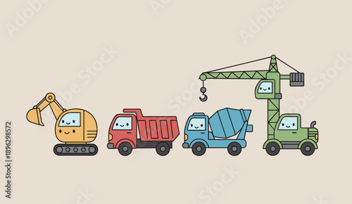 Cute Construction Vehicle Characters Set Featuring Excavator Dump Truck Cement Mixer and Crane in Simple Kawaii Flat Vector Illustration
