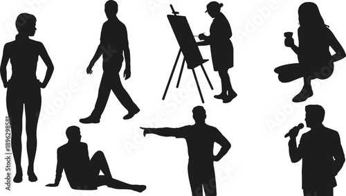 Human silhouette illustration, people activities, standing, walking, painting, squatting, sitting, pointing, speaking, black vector design, decorative art, educational concept