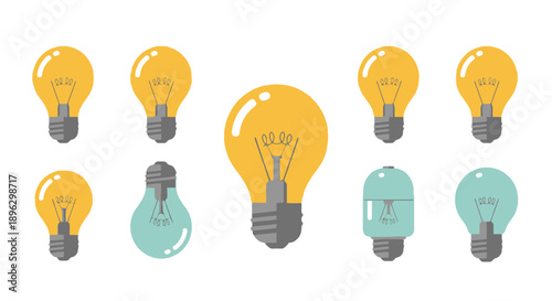 Assortment of illuminated yellow and blue light bulbs in a grid pattern on a clean background from a straightforward viewpoint