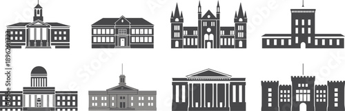 Institutional building silhouette illustration, classical architecture, domes, towers, columns, government design, black vector art, educational graphic, architectural concept
