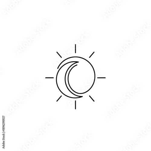 Outline vector of sun and moon merging together, symbol of equinox. Nature and spring, daytime and nighttime are equal in length. Celestial bodies transition