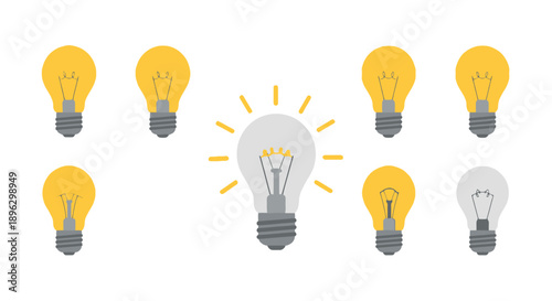 Illuminated idea with glowing light bulbs surrounding a central bright bulb