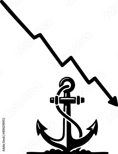 Data anchor silhouette isolated on white background minimalist anchor holding falling line graph for stability illustration