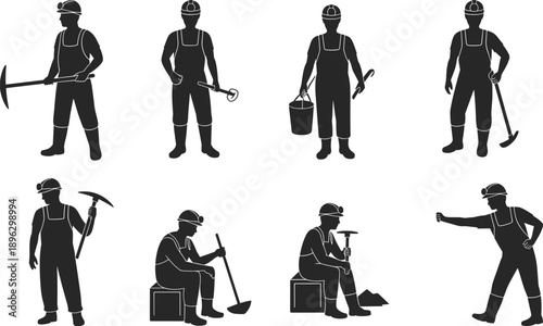 Miner silhouette illustration, workers with tools, pickaxe, shovel, bucket, hard hat, mining industry vector, labor design, black graphic, industrial concept