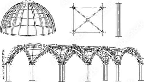 Architectural wireframe dome and modular arch structure technical blueprint illustration showing steel framework engineering design details for modern pavilion construction