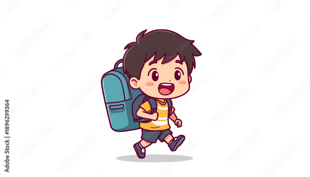Fototapeta premium Happy cartoon boy with backpack running, isolated on white background, energetic and joyful