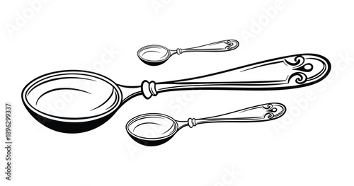 Set of three ornate spoons, vintage style, close-up detail, isolated on white, stock illustration
