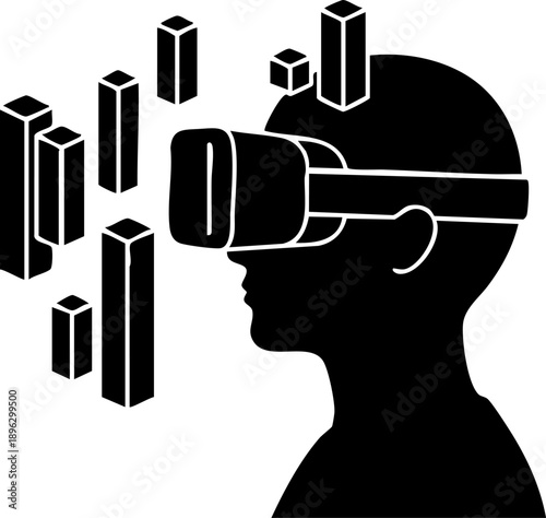 VR data immersion silhouette isolated on white background minimalist person wearing virtual reality headset with floating 3D graphs illustration