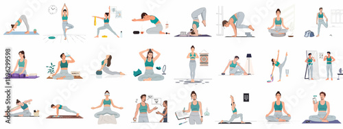 Yoga and Wellness Icon Set: Illustrations of People Practicing Various Poses, Meditation, Stretching, and Healthy Lifestyle Activities.