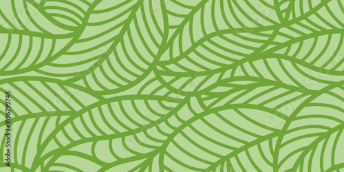 A seamless pattern of stylized green leaves in a repeating wave design