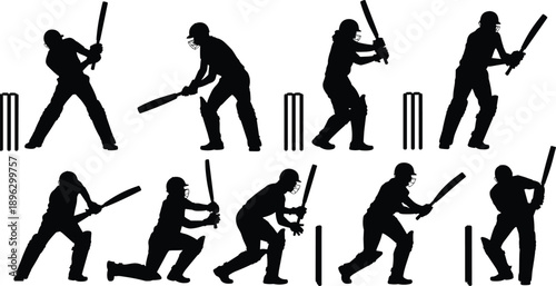 Black silhouette set of cricket players batting and hitting ball with bat near wickets isolated on white background for sports competition and championship design.