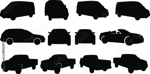 Set of vehicle silhouettes including vans, sedans, pickup trucks, and convertible cars shown in multiple angles isolated on white background