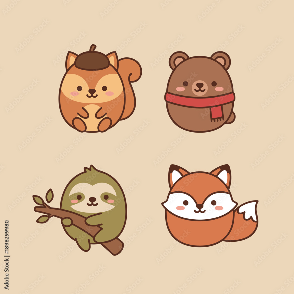 Fototapeta premium Cute Forest Animal Character Collection Kawaii Squirrel Bear Sloth and Fox Faces in Round Shape Design Isolated for Kids Graphic Decor