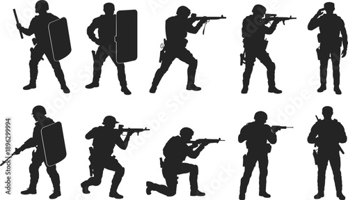 Black silhouette collection of modern tactical police swat officers and special forces soldiers with riot shields weapons and helmets for security design concepts