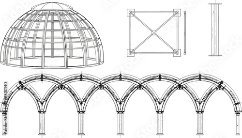 Technical architectural drawing of modular dome and repeating arch structure illustrating steel framework engineering design for modern pavilion construction systems
