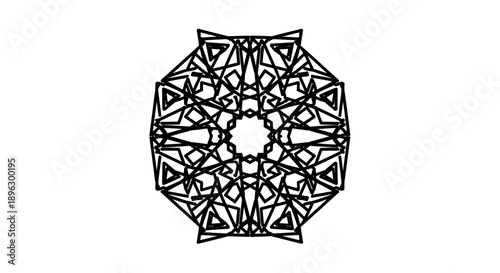 Black and white intricate geometric mandala pattern with symmetrical shapes, isolated white background.