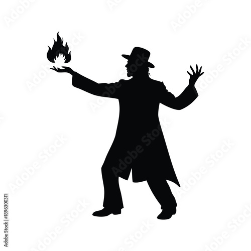 Magician performing fire trick silhouette vector illustration, A black and white silhouette of a magician performing a fire trick, vector illustration