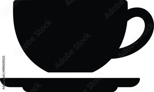 Classic tea cup and saucer silhouette icon for traditional afternoon tea time and elegant kitchenware branding graphics