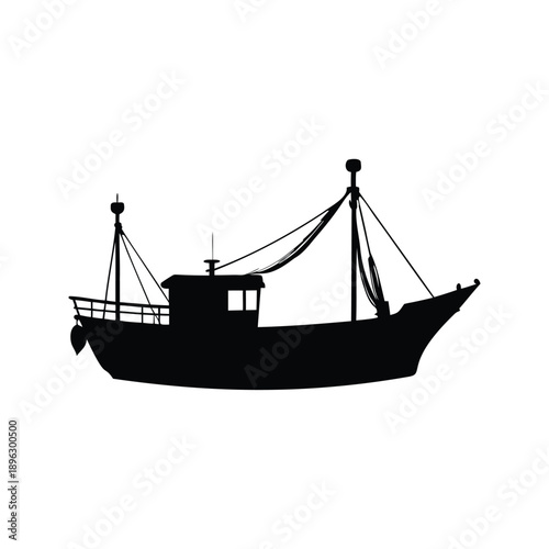 A detailed black and white silhouette vector illustration of a fishing boat, This image is a black and white silhouette vector illustration of a fishing boat, perfect for various design purposes