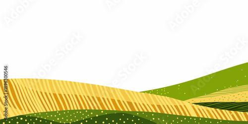 Rolling hills with green fields and golden wheat under a white sky