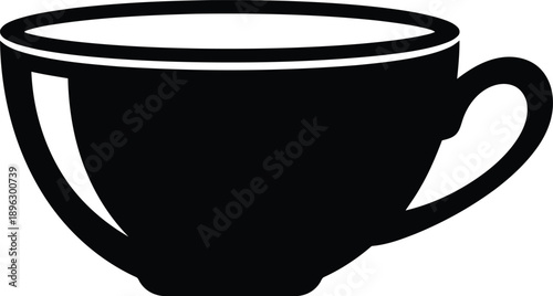 Simple black silhouette of a classic coffee cup with handle, isolated on transparent background, clean icon for beverage design