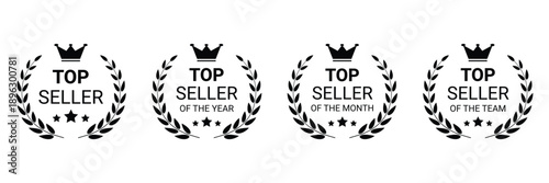 Four black top seller laurel wreath badges isolated on transparent background