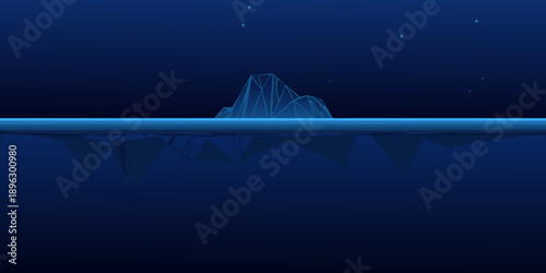 A solitary iceberg floats against a dark blue underwater landscape