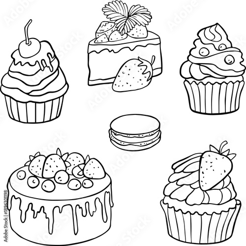 Pastry and dessert vector set with cakes and macarons
