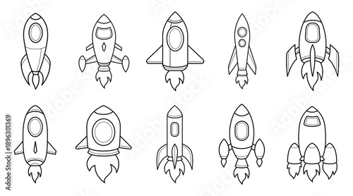 Ten cartoon line art rockets. Each black and white icon features a unique retro design with various fins, windows, and flame trails, set against a white background.