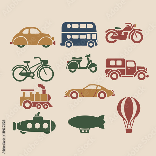 Vintage transportation silhouettes set including classic car bus motorcycle bicycle scooter truck train submarine blimp and hot air balloon