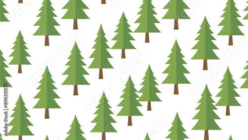 A flat lay illustration of numerous green pine trees of various sizes against a clean white background.
