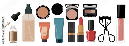 Clean flat lay illustration of makeup and beauty products arranged on transparent background, including cosmetics tools and containers in a minimalist style.