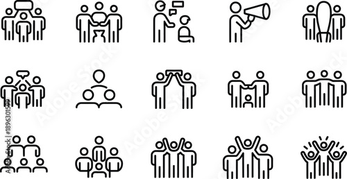 Black and white line art icons illustrating group collaboration, teamwork, communication, and leadership dynamics for various concepts