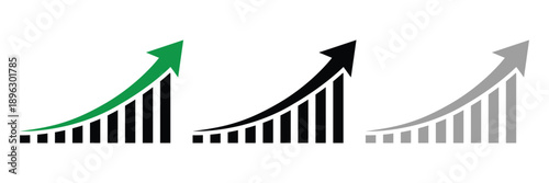 Three rising bar chart arrows green black gray isolated on transparent background