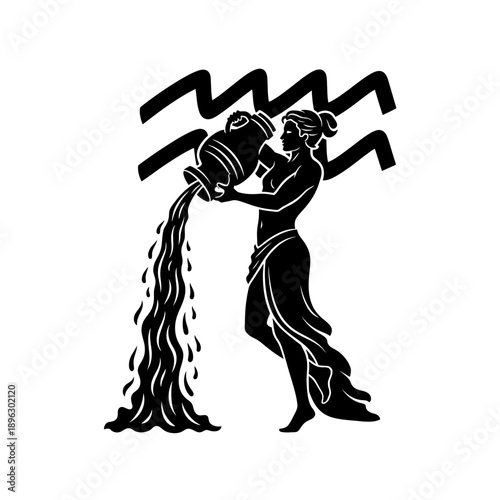 Silhouette of the Aquarius zodiac sign, water bearer astrology symbol, black vector shape on white background