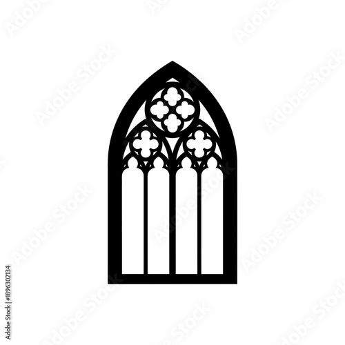 Silhouette of a classic arched window, gothic architecture design, black vector shape on white background