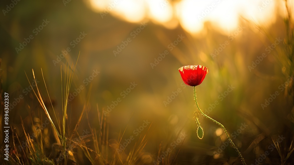 Obraz premium poppy. Close-up of a vibrant red poppy bathed in golden sunset light in a peaceful field. inspiring travel planning, gardening catalogs, designed for gardening and botanical catalogs.