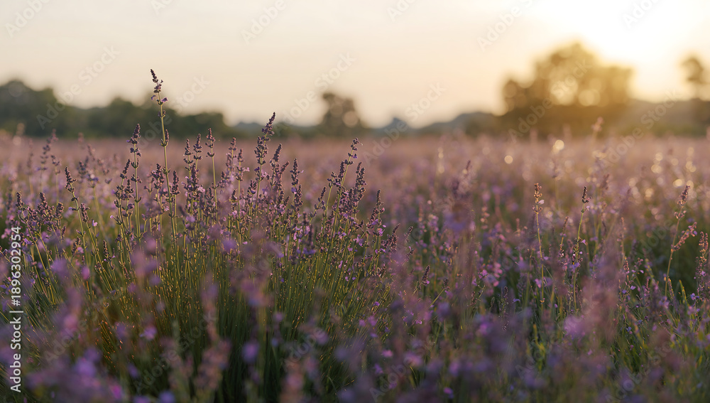 Naklejka premium Blooming Lavender Meadow at Sunset with Soft Light