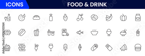 Food and drink web icons in line style. Meal, restaurant, dishes, fruits, fastfood, burger, pizza, coffee, sandwich, collection. Vector illustration.