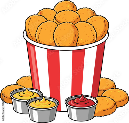 Cartoon chicken nuggets in bucket, dipping sauces, fast food snack, ketchup and mustard, crispy bites, tasty meal, junk food illustration