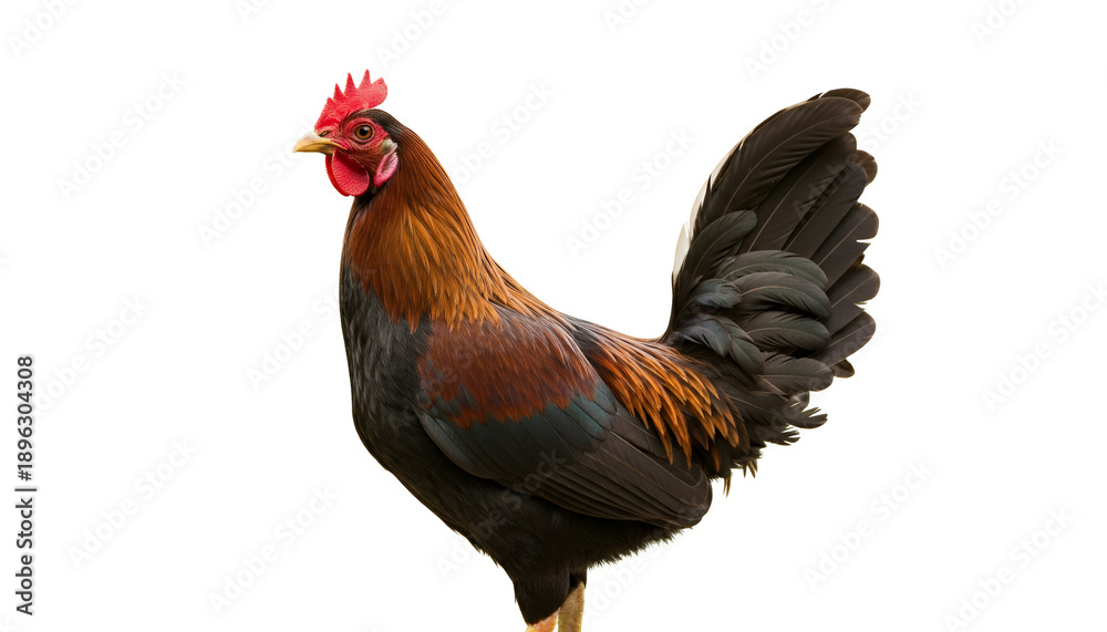 Fototapeta premium Vibrant and majestic rooster with colorful plumage standing proudly against a clean white background, an iconic symbol of domestic farm animals and rural life