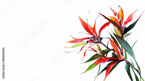 Brightly colored bromeliad plant with red, orange, and green leaves, isolated against a stark white background, showcasing botanical beauty and tropical elegance.
