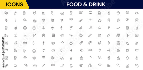 Food and drink web icons in line style. Meal, restaurant, dishes, fruits, fastfood, burger, pizza, coffee, sandwich, collection. Vector illustration.